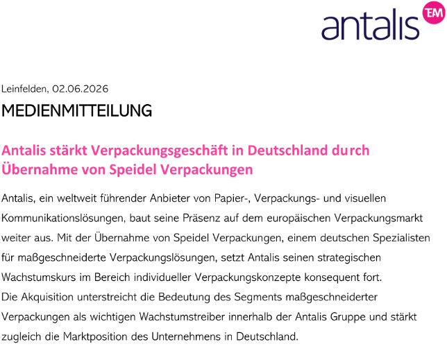 U·M·P AG Schweiz begleitet erfolgreich Verkauf der Speidel GmbH an Antalis / Kokusai Pulp @ Paper Group